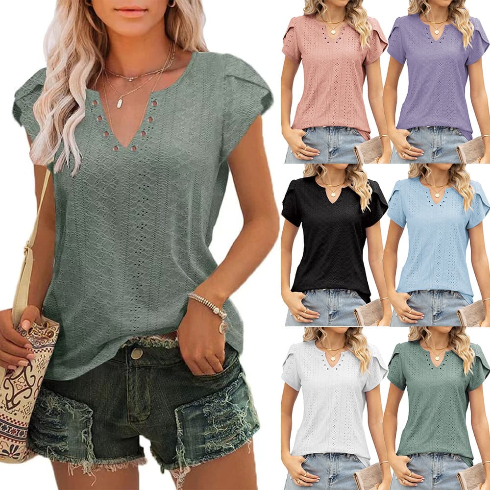 Women's Clothing V-neck Button Hollow Loose Short Sleeve T-shirt Tops