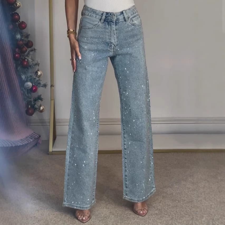 Women's Clothing Full Of Diamond Washed Jeans Ladies High End High Waist Straight Pants Hot Girl Trousers