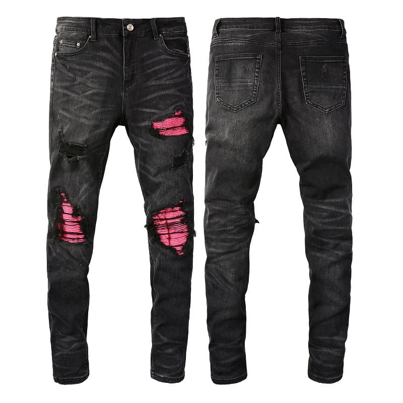 Men's Clothing Versatile Leather Ripped Jeans Stretch Slim Fit Jeans With Leather Patch & Ripped Detailing - Stretch Skinny Fit Denim Pants (Black)