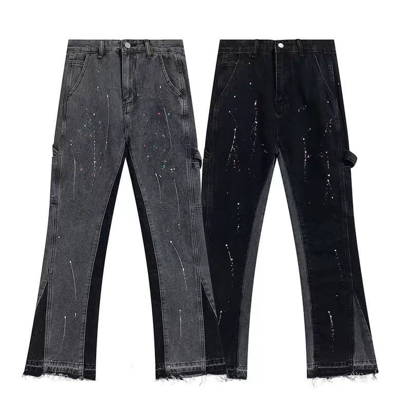 Men's Clothing High Street Ink Splashed Splicing Vibe Style Flared Jeans Loose Floor Length Straight Trousers