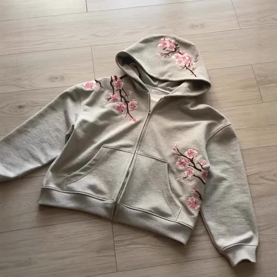 Men's Clothing Autumn And Winter Sakura Printed Hooded Jacket For Men And Women Foreign Trade European And AmericanFashion Street Cardigan Sweatshirt