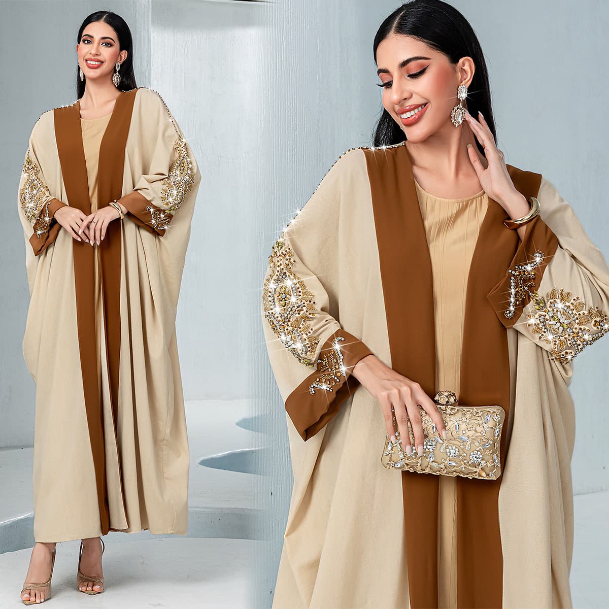Ladies Middle Eastern Muslim Contrast Color Jacket Fashion Solid Color Abaya Dress