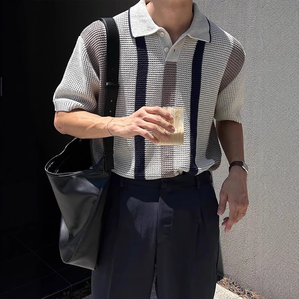 Men's Clothing Summer Ins Hollow Striped Color Knitted Polo Shirt Boys Niche Short Sleeved Tops