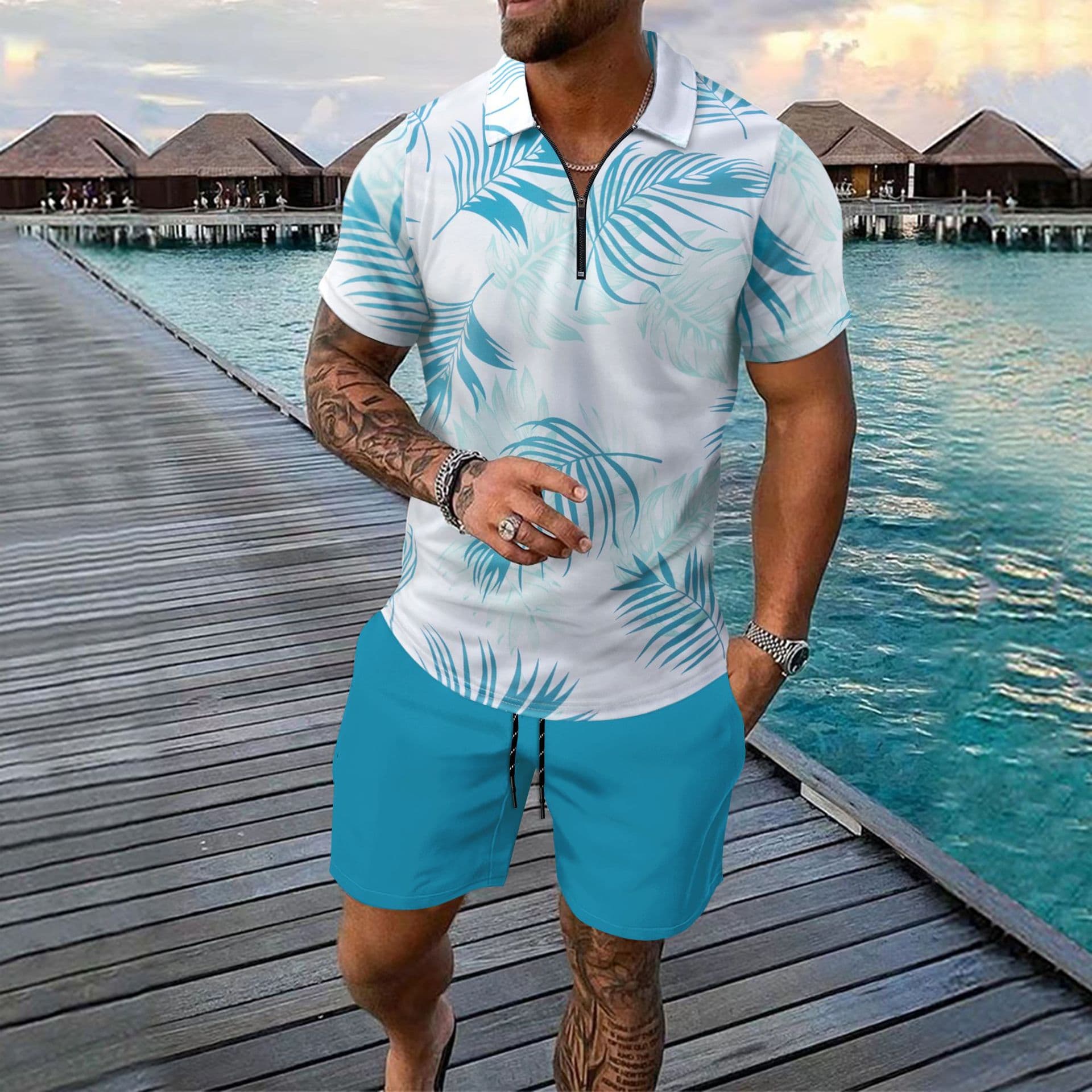 Men's Beachwear Set - Digital Print Polo Shirt & Matching Shorts With Zipper | Summer Casual Outfit​​