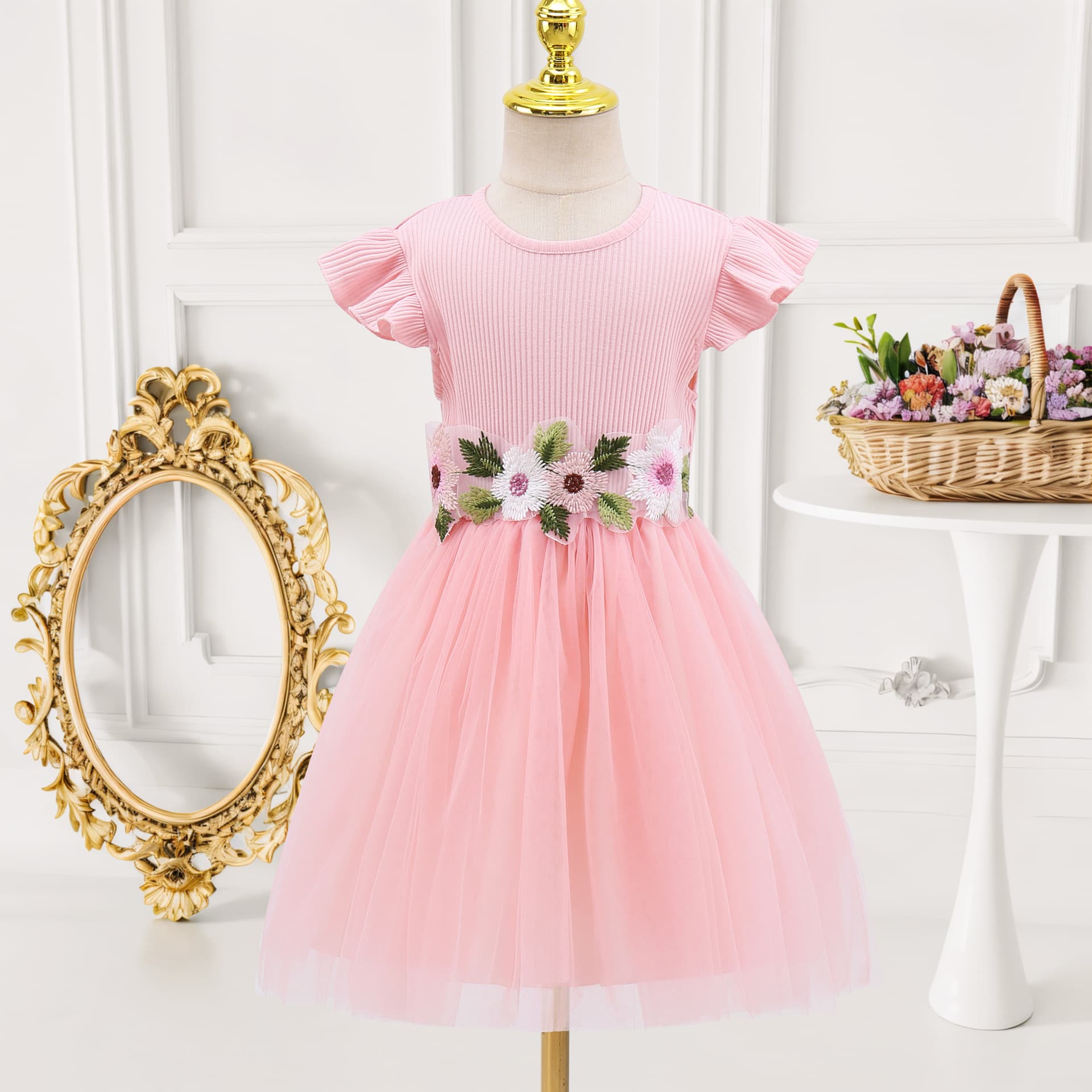 Kids’ Clothing Girls Princess Dress Summer New Style Girls Flying Sleeves Trough Waist A Row Of Flowers Mesh Dress