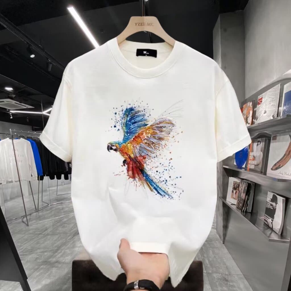 Men's Clothing European goods parrot print short sleeved T shirt men's summer men's slim short sleeved cotton round neck half sleeved T shirt couple