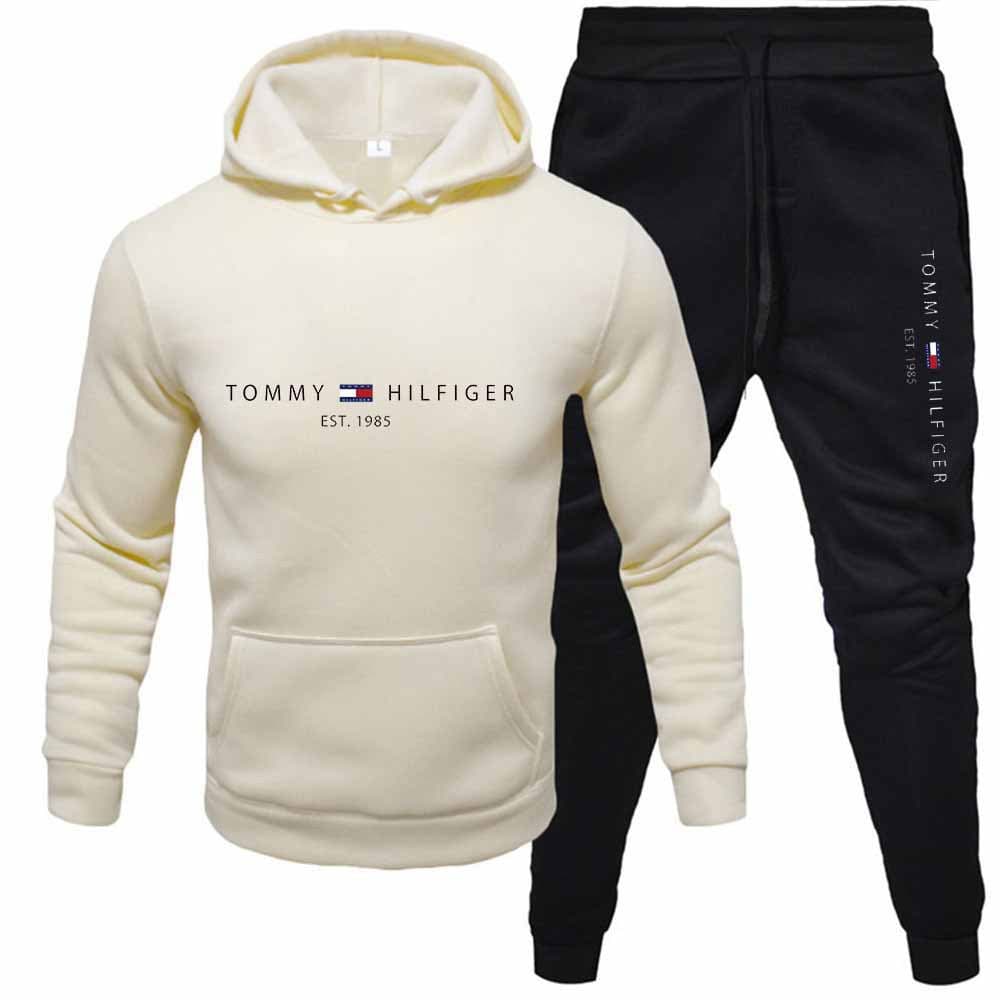 PQ Automne Hiver Hommes Pull Plus Polaire À Capuche Costume Imprimé Couleur Unie Pull Sport Ensemble 2 Pièces