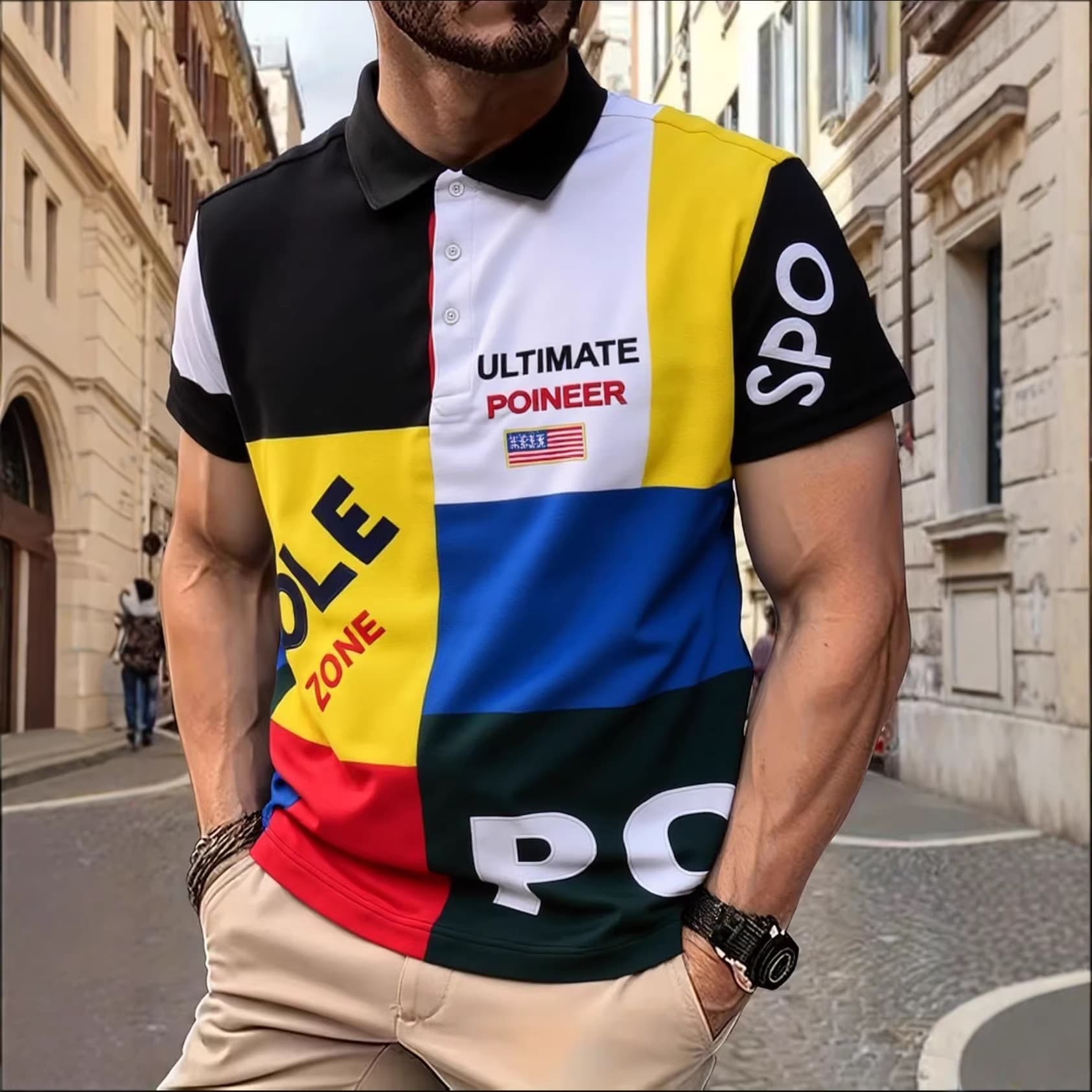 Polo Shirt Short Sleeve Turn-down Collar Export American Casual Multi-color Stitching Contrast Color Cotton Embroidery