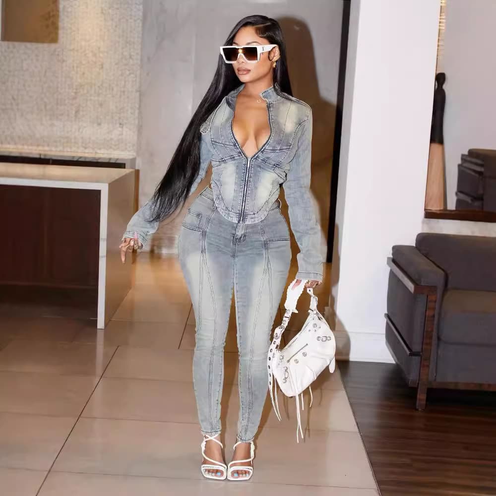 Women's Clothing Denim Long Sleeved Suit Fashion Stretch Trousers Suit