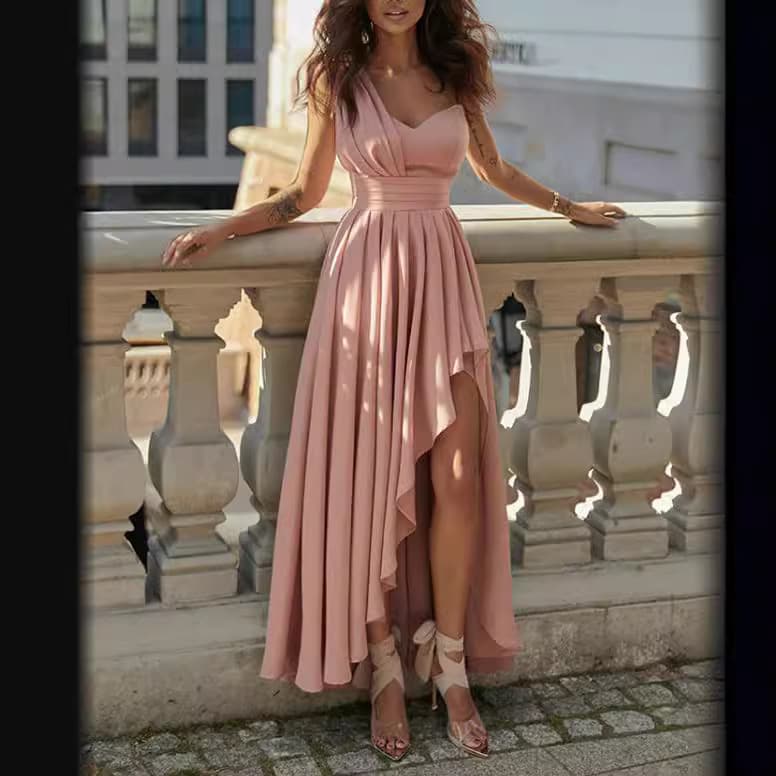 Women’s Clothing New Solid Color Chiffon Oblique Shoulder Slim Long Irregular Hem Dress