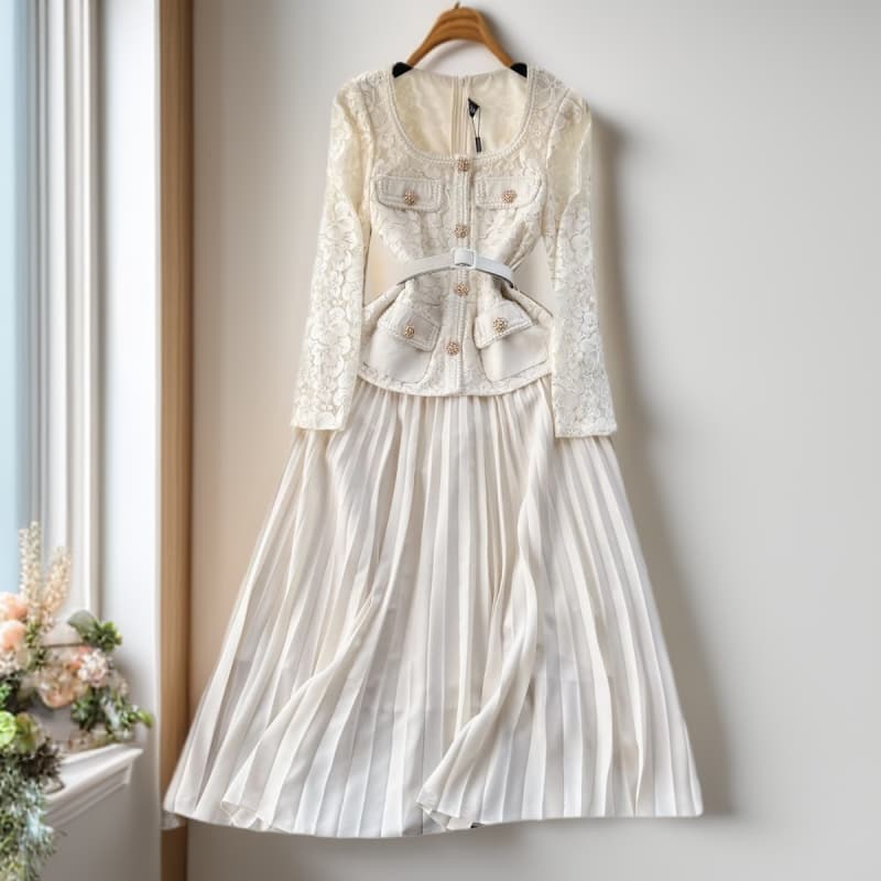 French Elegance Beaded Lace Dress – High-End Women’s Pleated Fairy Skirt With Metal Buckle & Square Neckline