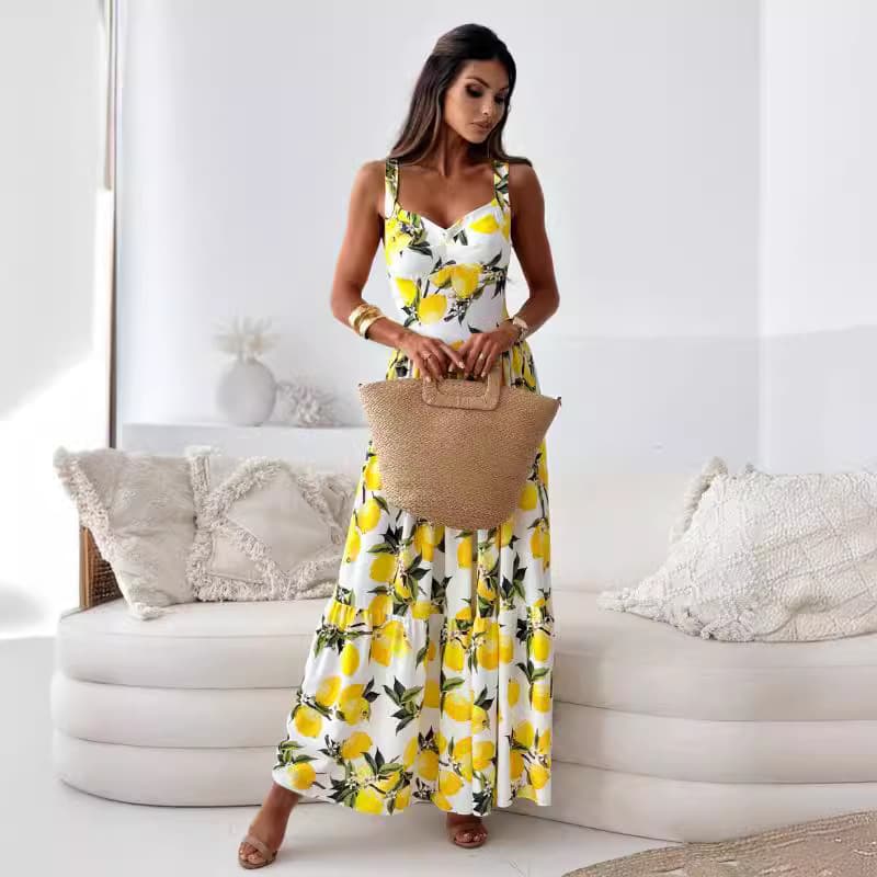 Women's Clothing Sweet Suspender Print Backless Character Dress Long Skirt
