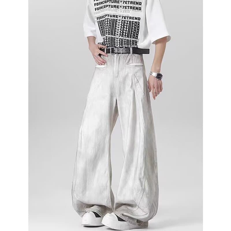 ​Distressed Dirty White Washed Vintage Jeans – Relaxed Straight-Leg Baggy Denim Pants For Men & Women | High Street Retro Streetwear​