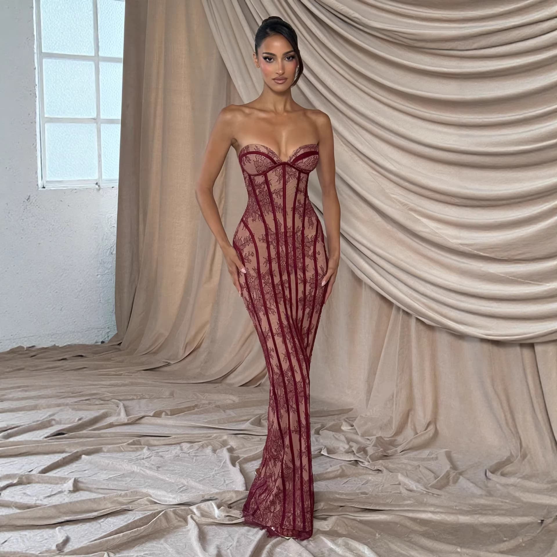 Women's Clothing Women's Style Casual Long Dress With Lace Suspender Slim Fit Long Sleeved Color Block Hip Hugging Sexy Dress