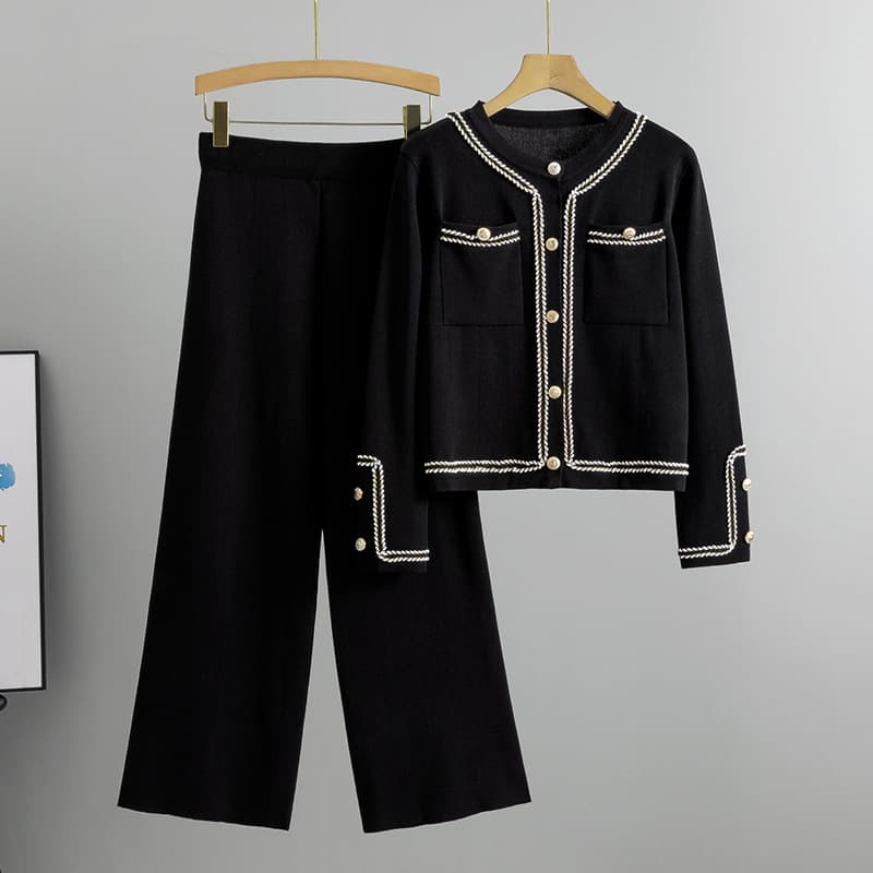 Women's Clothing Spring and autumn casual suits fashionable round neck knitted cardigan top wide leg pants two piece suit