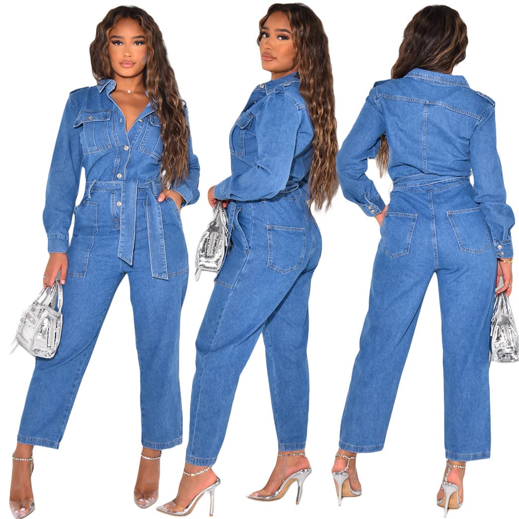 Women's Clothing fashion casual sexy pocket denim jumpsuit belt pants wide leg pants