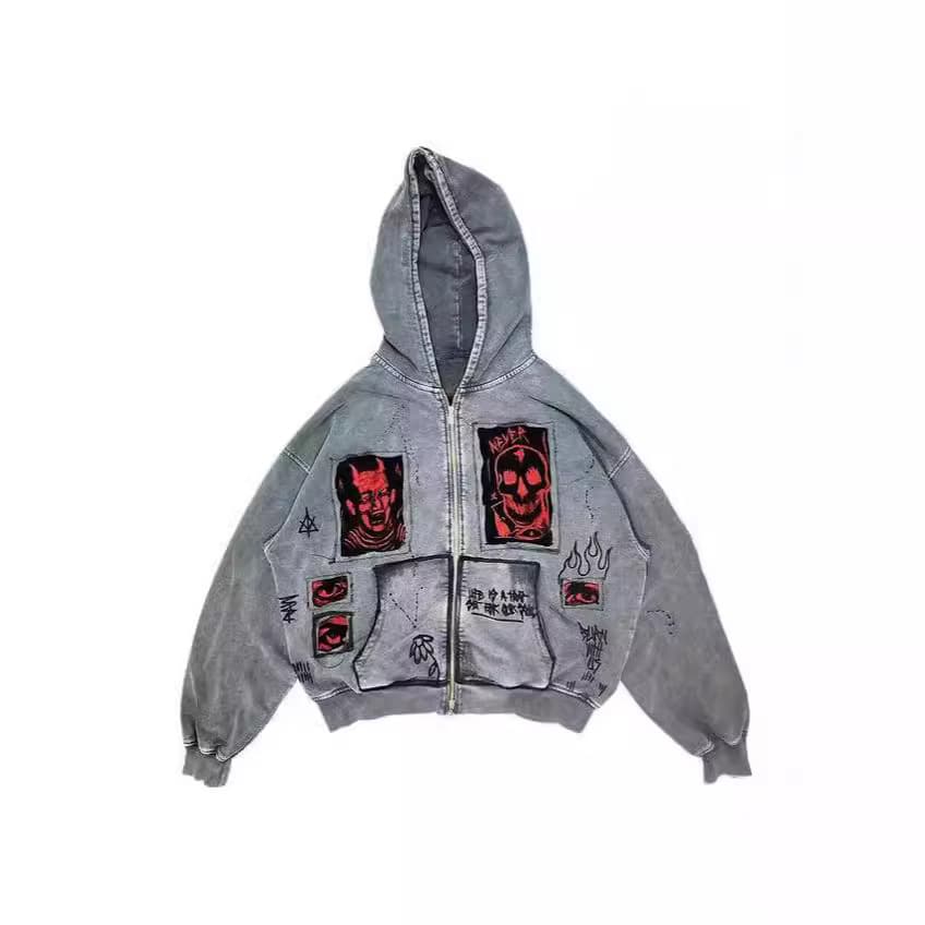 Men's Clothing Street Retro Unisex Devil Print Patch Heavy Loose Hooded Sweatshirt
