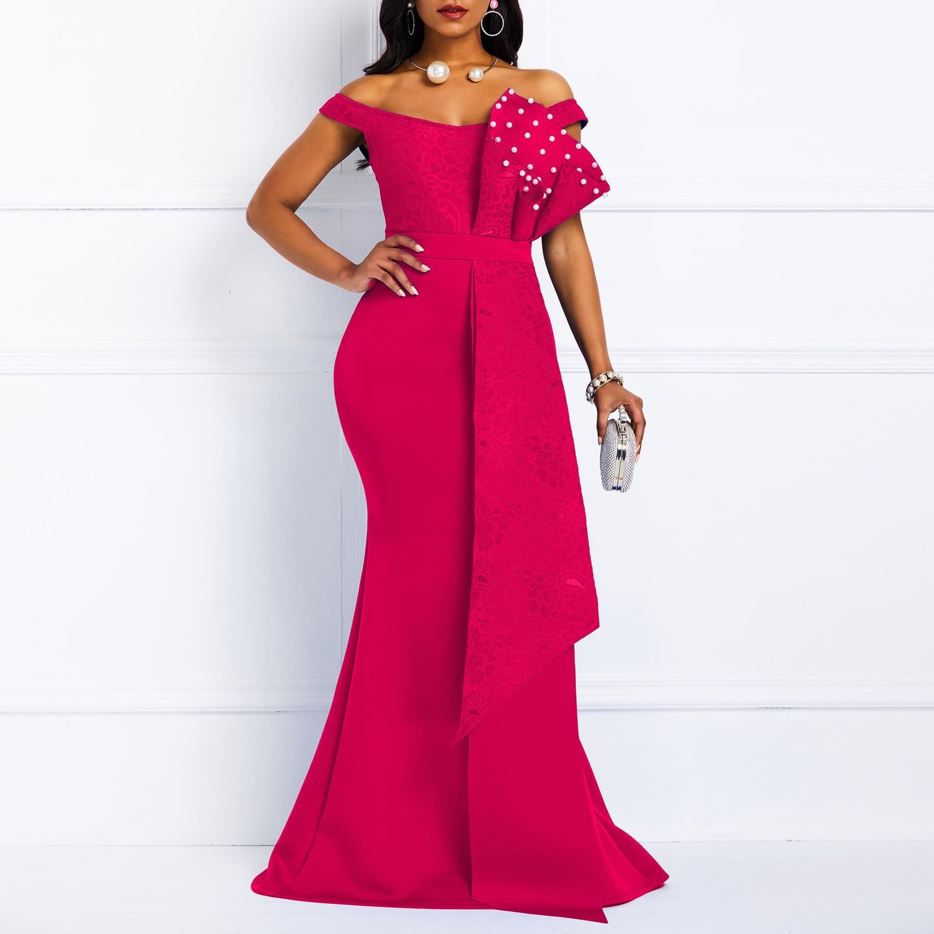 Women's Clothing INS irregular lace one line collar handmade lotus leaf beading slim dress