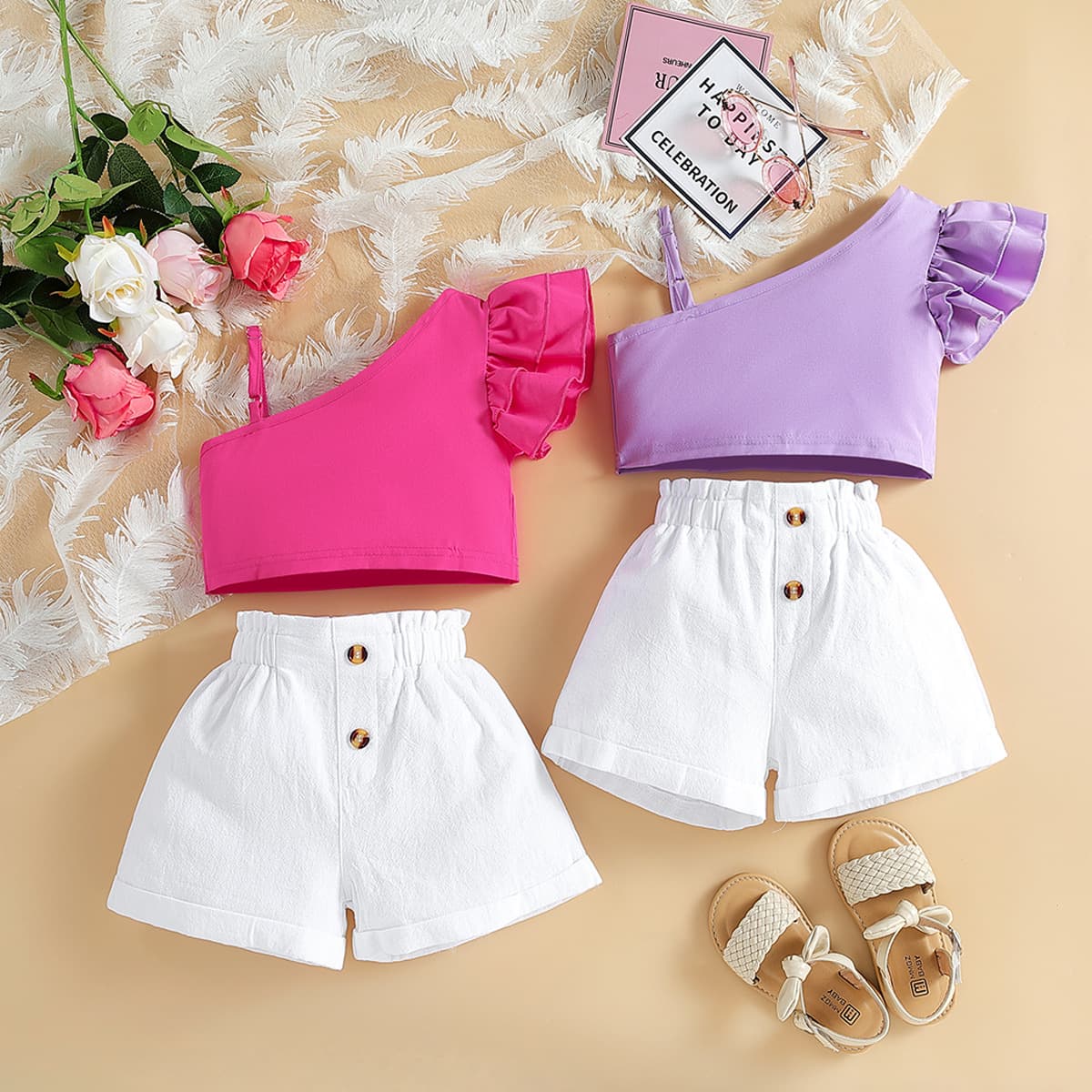 Baby Clothing Children's clothing small children and girls summer oblique shoulder halter top + casual shorts two sets of fashion