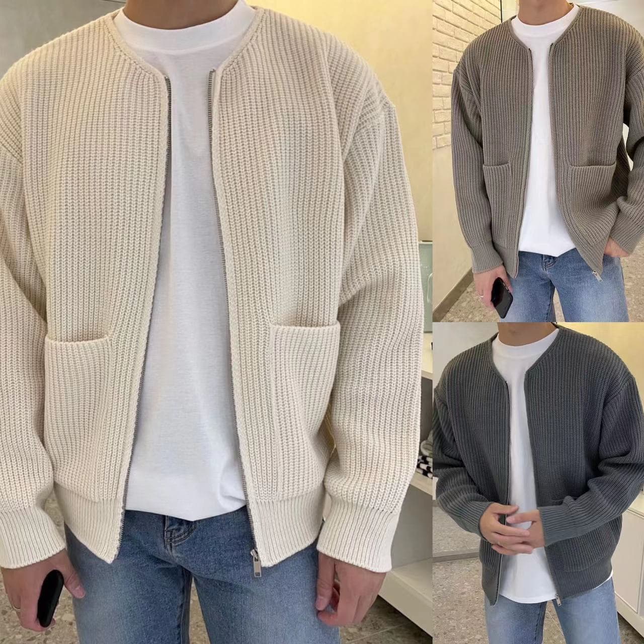​​Men's Casual Knit Cardigan Sweater - Soft Loose Fit Long Sleeve Open Front Pullover For Fall Winter (Dark Blue, Gray, Beige, Khaki, Black)​​