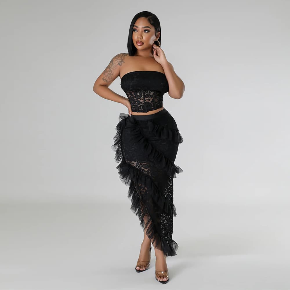 Women's Clothing Sleeveless Lace Tube Top With Irregular Skirt Solid Color Two Piece Set For Women