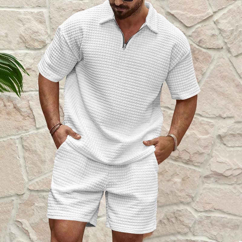 Men's Clothing New Men's Casual Fashion Comfortable Waffle Solid Color Lapel Shirt Sports Suit