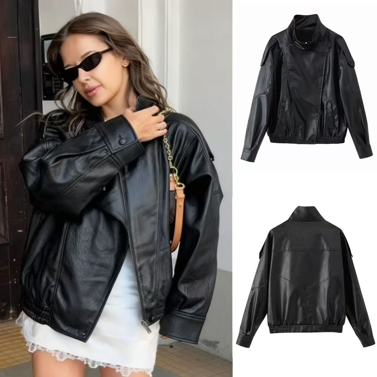 ​​Women’s Stand Collar Leather Jacket – Stylish Long-Sleeve Outerwear, Fashion, Slim Fit For Casual & Office Wear​​ Women's Jackets