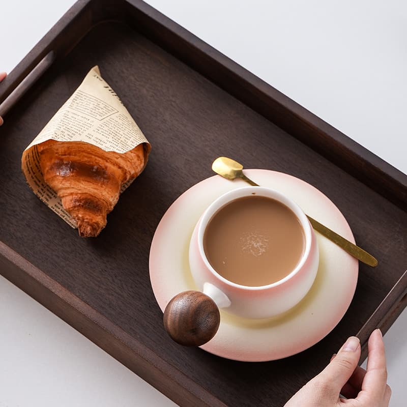 Coffee Cup Set – Premium Black/White/Gradient Porcelain With Wooden Handle, 240ml Office & Cafe Cups (4-Piece Gift Box)