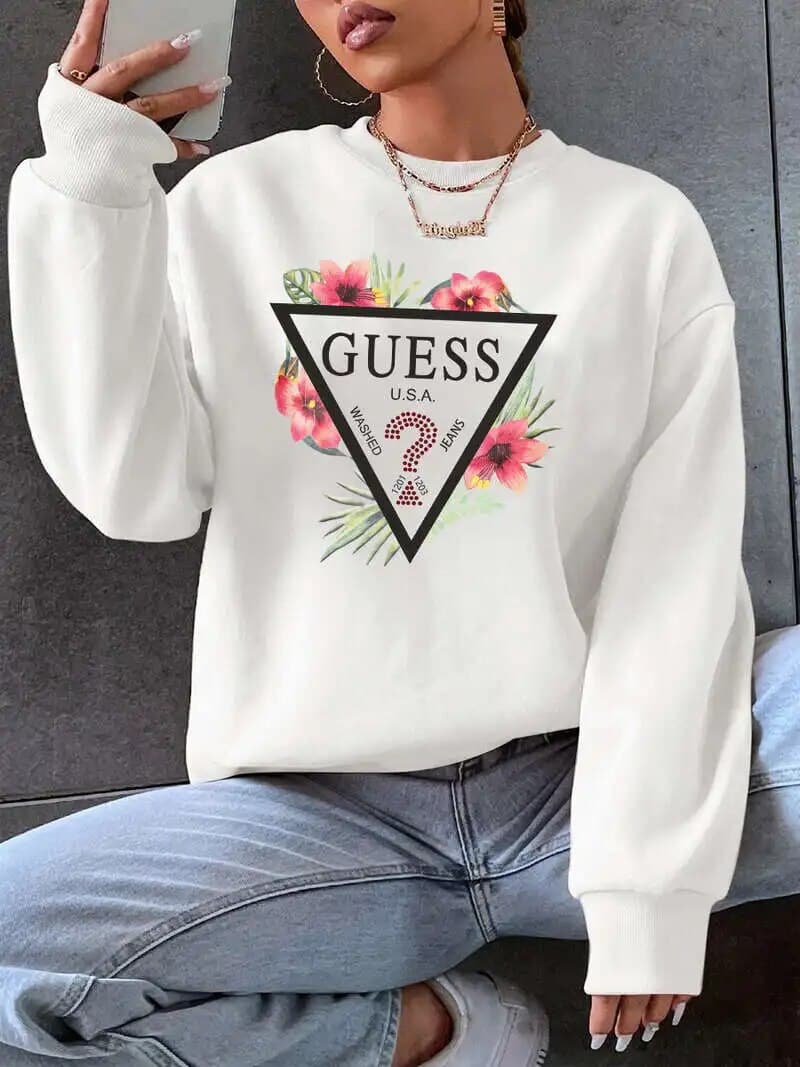 GUESS - Automne et Hiver Nouveaux Vêtements pour Femmes Filles Sens de la Mode Amusant Col Rond Manches Longues Sweat à Capuche