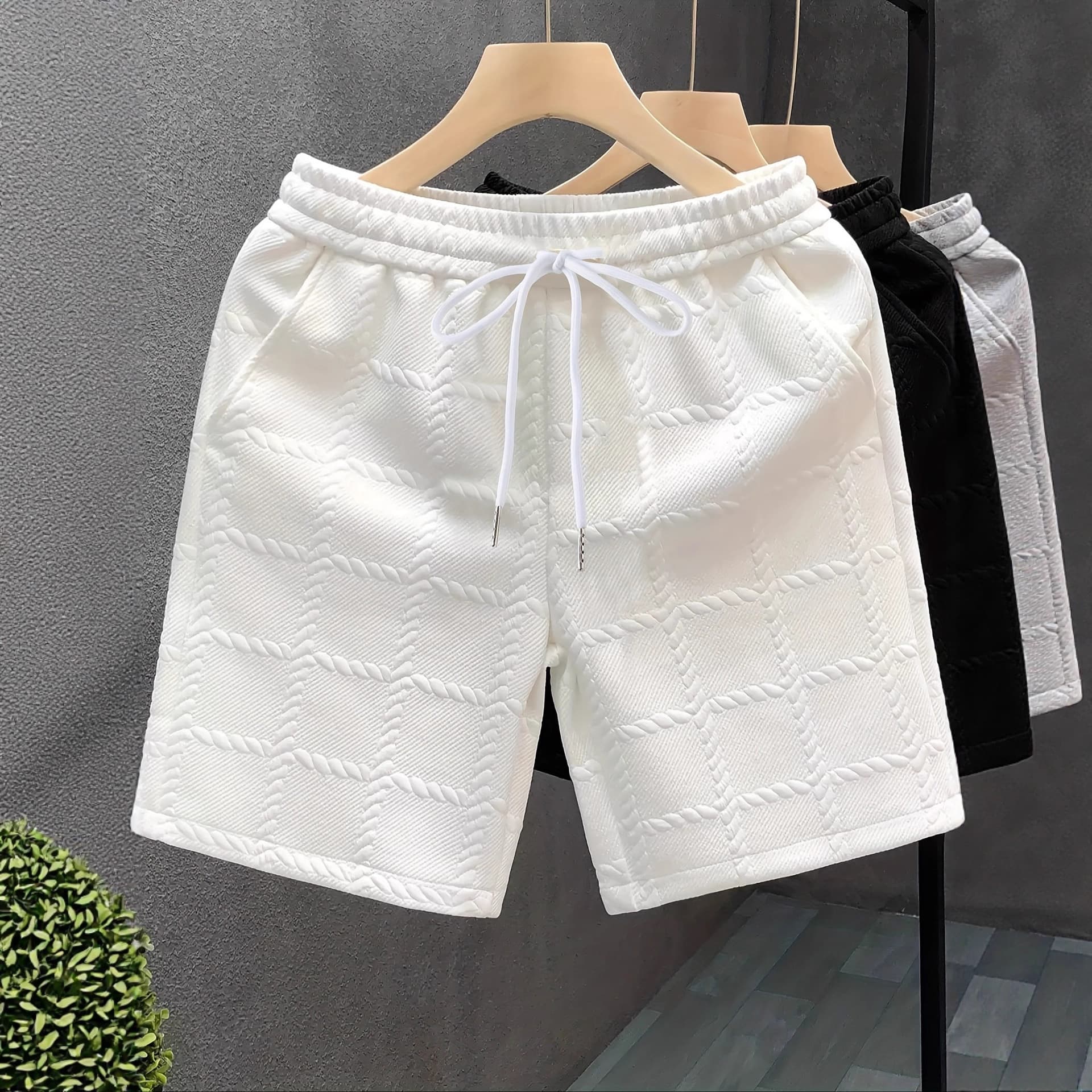 Summer Men's Fashion Jogging Shorts Simple Jacquard Casual Loose Fit Mid Waist Knee Length Drawstring Beach Pants