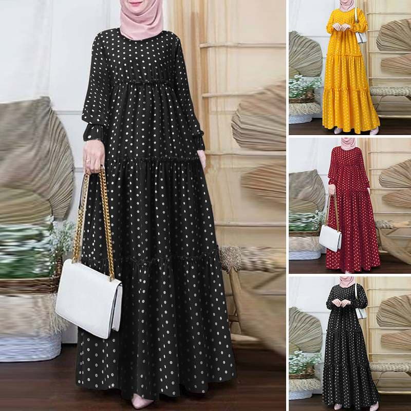 Women's Clothing Bohemian Polka Dot Print Muslim Dress Casual Elegant Robe Holiday Party Ruffled Robe