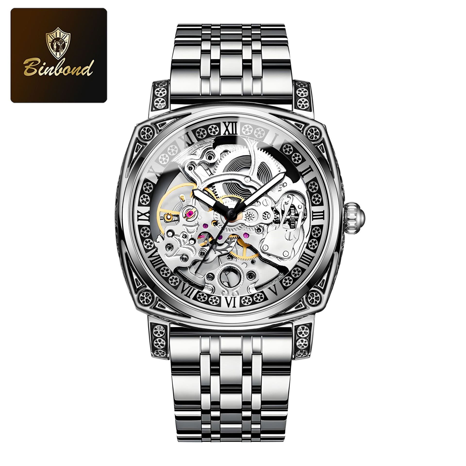 Montre mécanique automatique pour homme avec cadran squelette lumineux, bracelet en cuir véritable et étanchéité 50 m, idéale pour le travail et les loisirs.