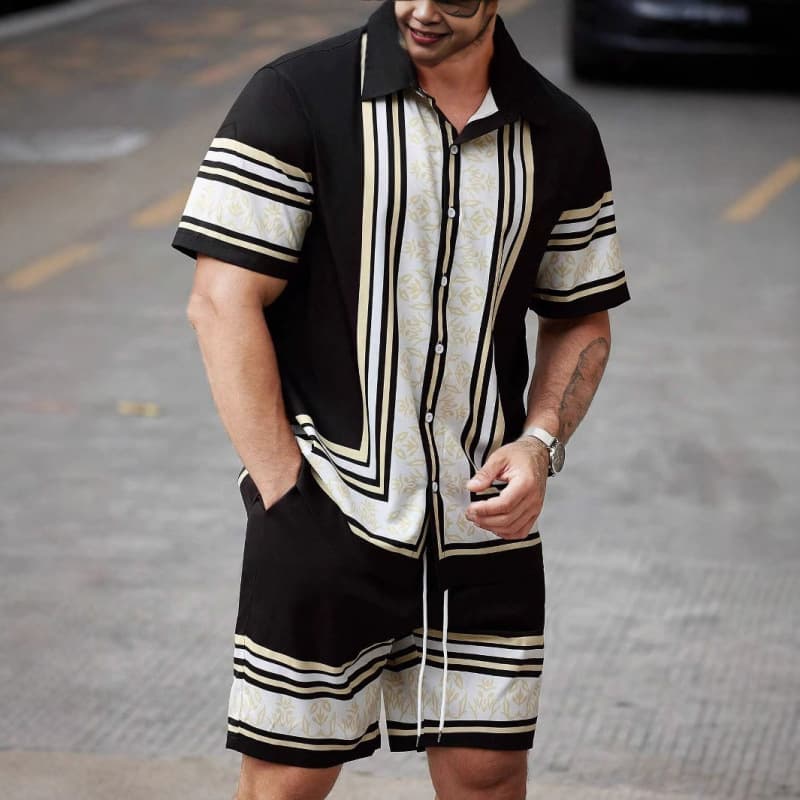 Men's Casual Striped Digital Print Suit Short Sleeve Shirt And Beach Shorts Set Style