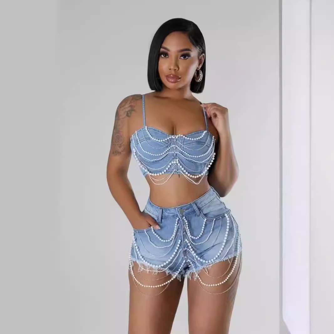 Women's Clothing Ins Pearl Diamond Chain Denim Suspender Vest Shorts Suit Sexy Hot Girl Two Piece Suit Female