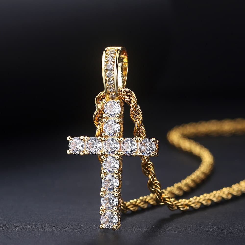 Hip Hop Cross Copper Set 4mm Zircon Plated True Gold Pendant Necklace Street Trendy Jewelry