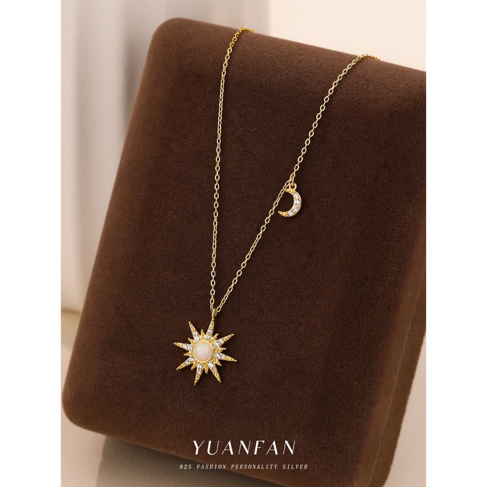 Sterling Silver Sun Moon Necklace Women's Opal Stone Pendant Fashion Light Luxury Collarbone Necklace