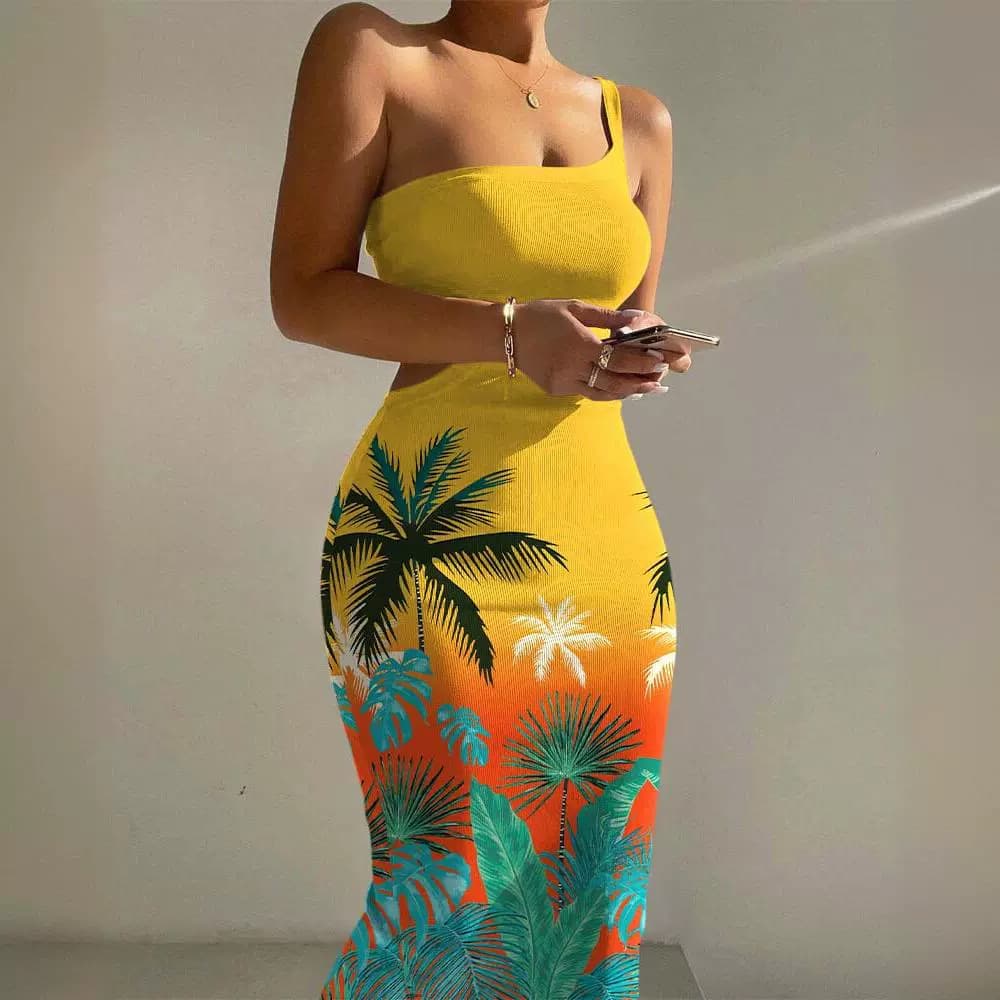 Women's tropical plant print one shoulder hollow slim dress