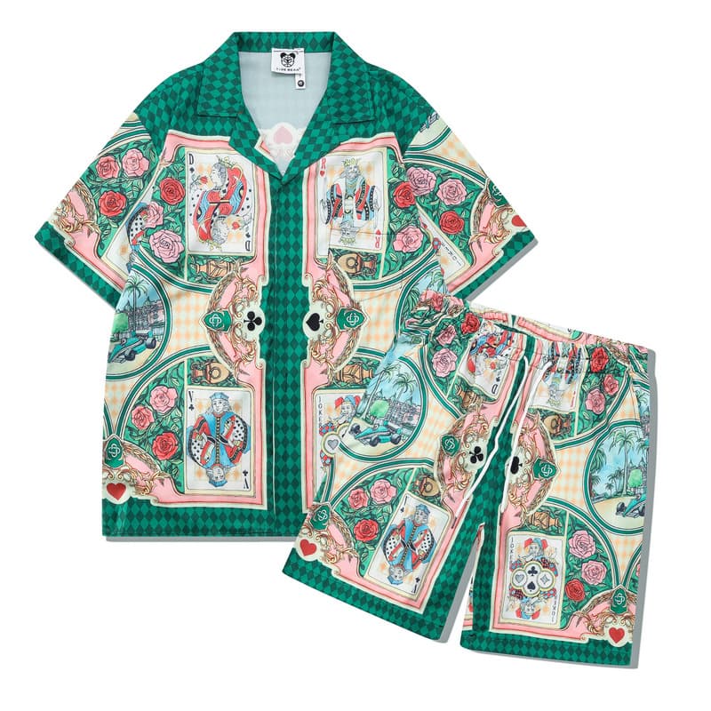 Men's clothing high street flower shirt suit retro poker street shirt casual cardigan shorts matching men