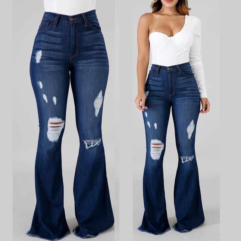 Women's Clothing High-elastic Ripped Jeans High-waisted Flared Trousers