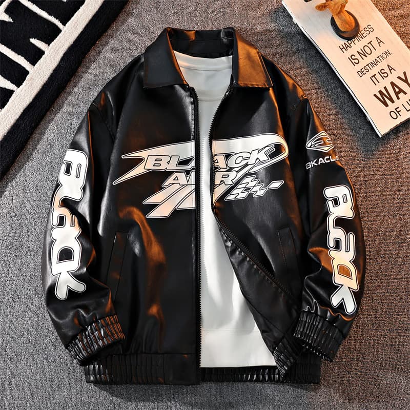 Veste à col montant brodée américaine pour homme et femme, veste en cuir tendance et ample