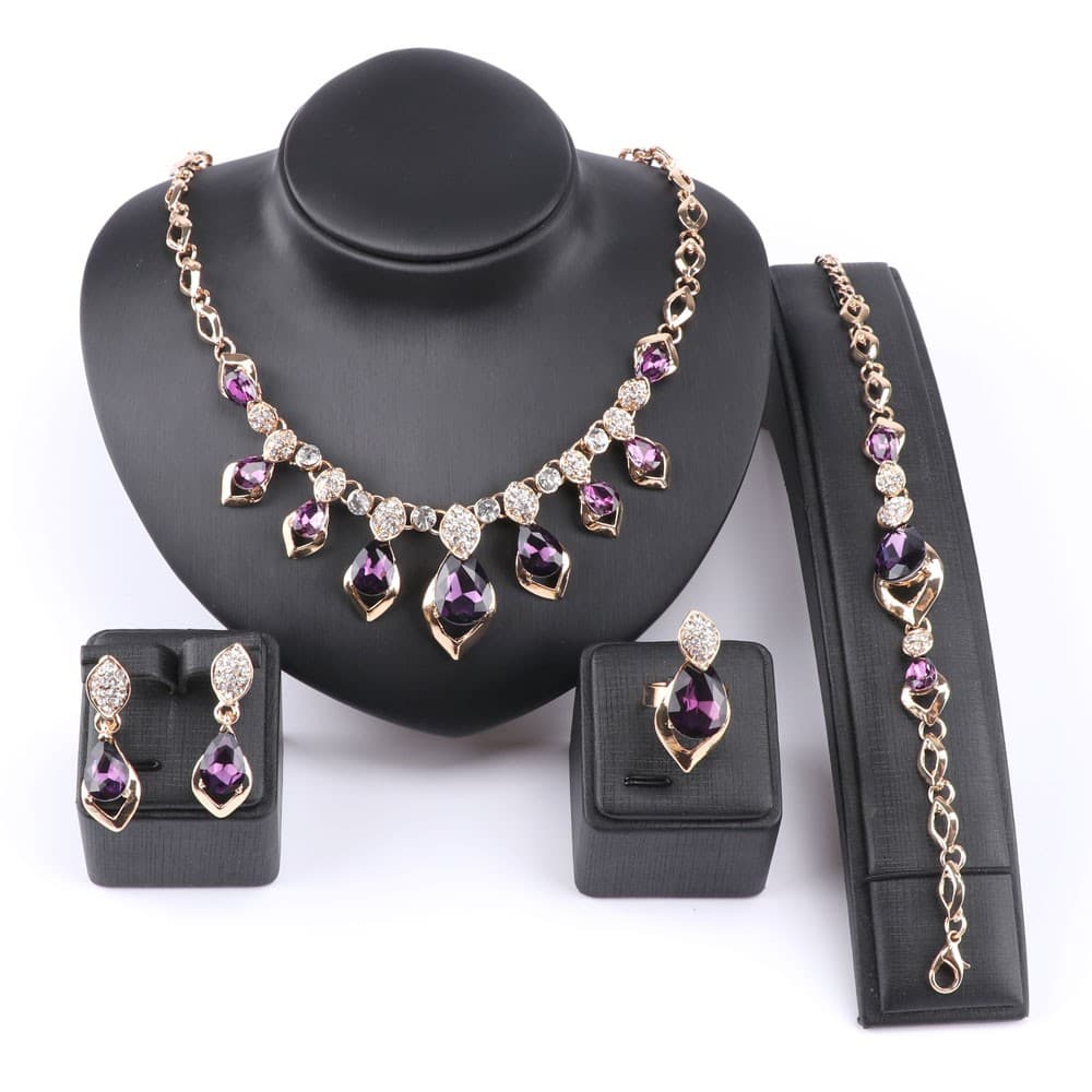 Gold Color Purple Zircon Austrian Crystal Women Wedding Necklace Bracelet Earring Ring Jewelry Set
