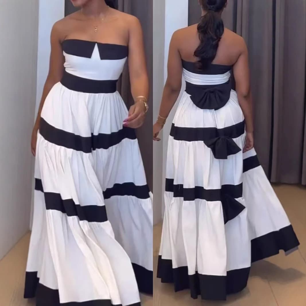 Women's Clothing Fashion Contrast Color Stitching Striped Bow Dress