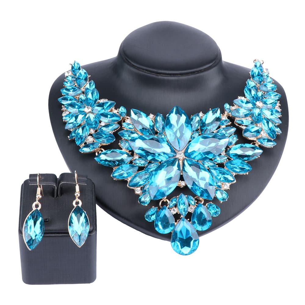 Women Elegant Bridal Crystal Flower Jewelry Sets Wedding Necklace Earrings Brides Party Costume Jewellery Sets