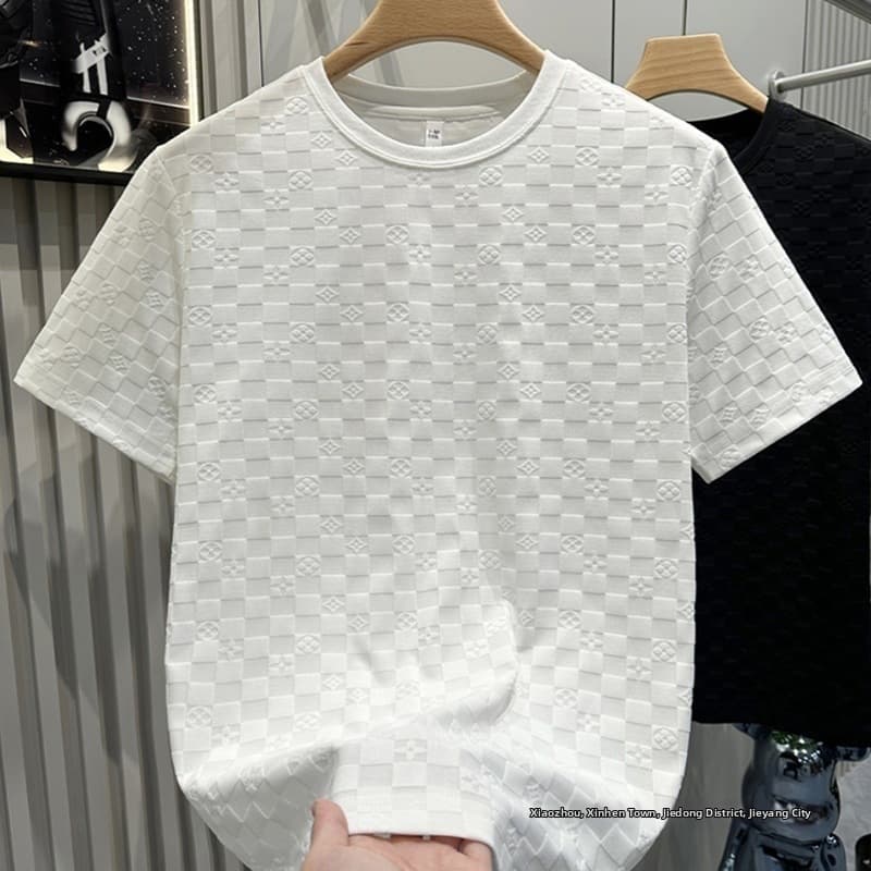 Men's High-End European Jacquard Pattern Short Sleeve Shirt Elegant Solid Color Casual Crew Neck T-Shirt Top For Summer 2025