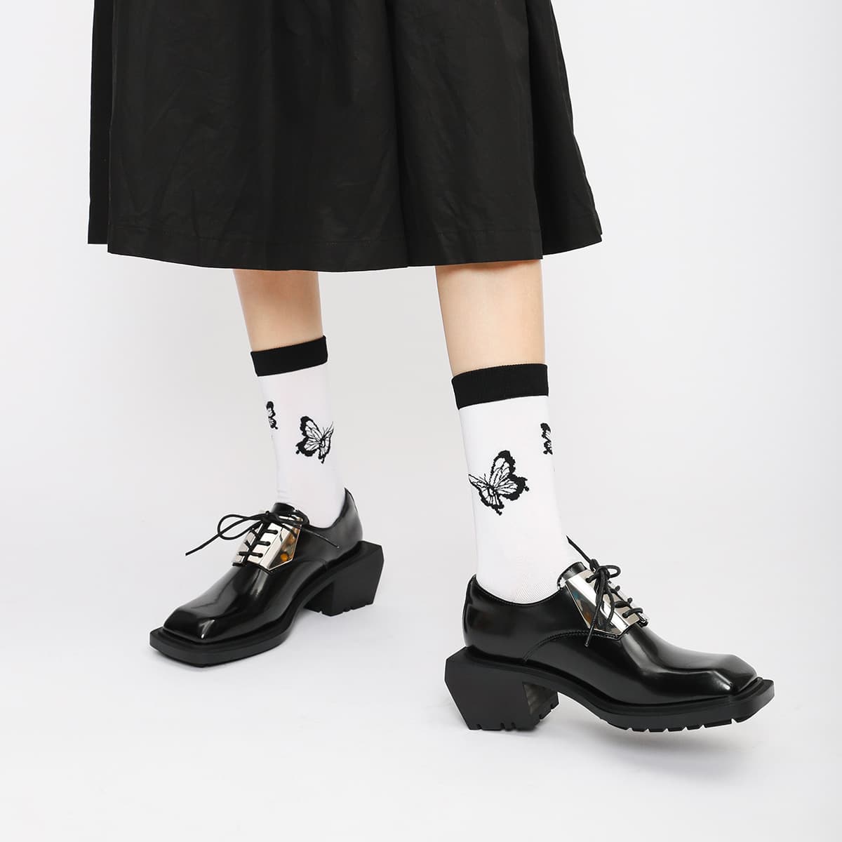 Loafers Small Leather For Women With Metal Decoration, Lace-Up Retro 2022 Early Spring Square Toe Chunky Heel Single