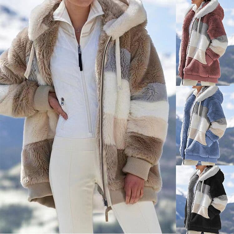 Women's clothing loose plush multi-color stitching short hooded jacket