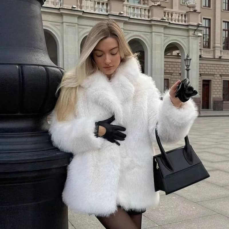 Elegant Faux Fur Coat For Women - Ins Fashion Solid Color Winter Jacket With Notched Lapel, Long Sleeve Mid-Length Outerwear For Office & Casual