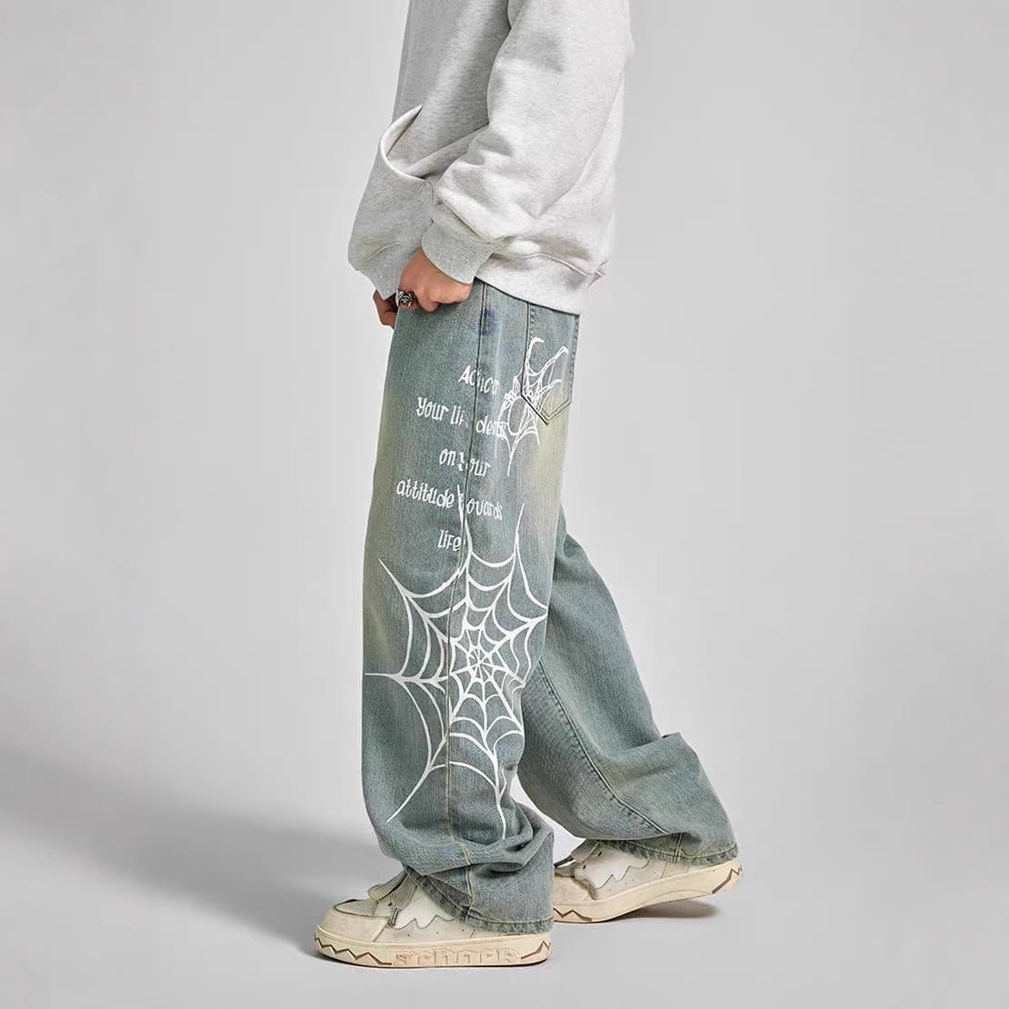 [UrbanSpider] Men's Wide-Leg Jeans - Cobweb Print | Streetwear Denim Pants