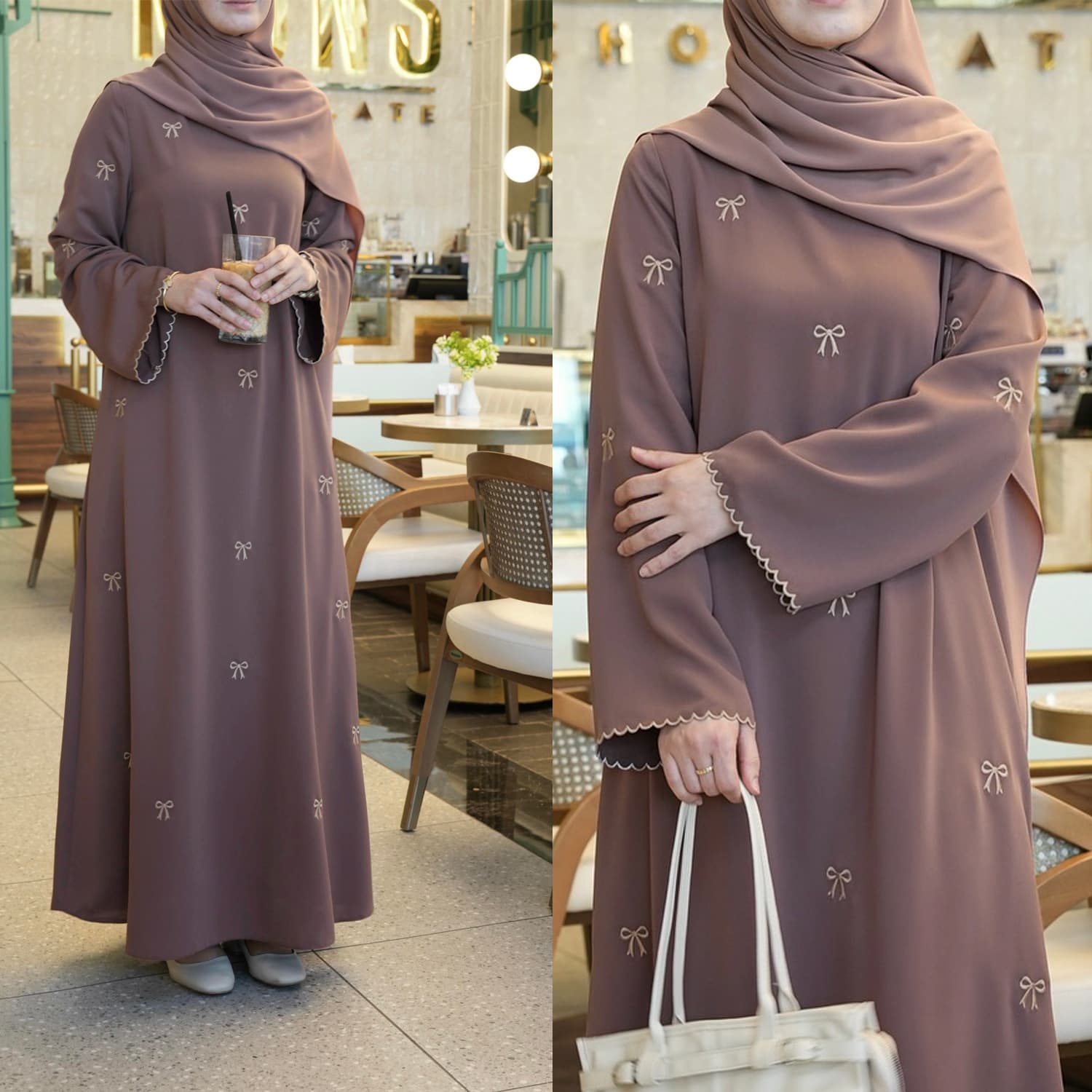 Elegant Embroidered Abaya Dress – Modest Long Sleeve Prayer & Travel Maxi With Bow Details (S-XXL, Polyester, Rose Gold/Black/Navy)