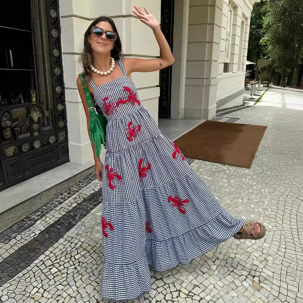 Women's new embroidered pleated large swing sling dress beach vacation long skirt